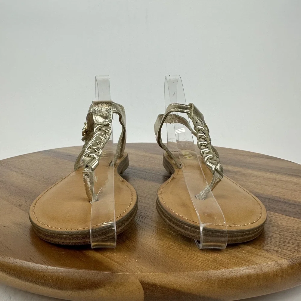 New Big Kids Girls Mia Annae Gold Faux Leather Braided T-Strap‎ Sandals Size 2 Y